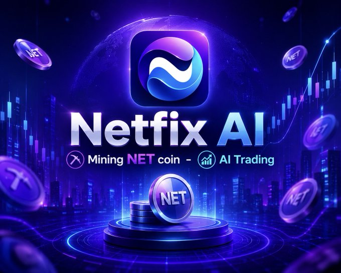The image features a futuristic cityscape with buildings, roads, and other elements that create an urban environment. The main focus of the image is a blue coin placed on a platform surrounded by stacks of coins. In the background, there are various symbols related to cryptocurrency and AI technology, such as a globe and a computer mouse. The text in the image reads "Introducing NetfixAI is coming soon... NetfixAI is an all-in-one AI-powered financial platform designed to make digital finance smarter and more accessible".