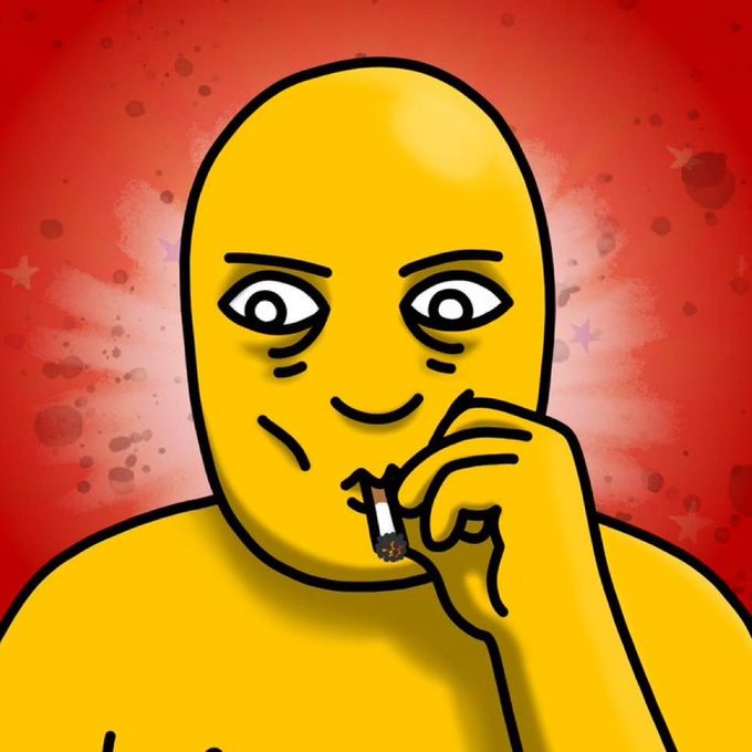 A cartoonish yellow bald figure with a wide-eyed, dark expression is smoking a small cigarette or joint, set against a red background with white paint splatters and stars.