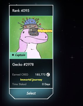 A digital trading card-style profile displays "Gecko #2978" at Rank 4095, featuring a pink gecko labeled "Captain" with an eyepatch and crown, showing 185,773 CRED earned and "0 Days" staked on its "Immortal Journey," visualizing the act of making the NFT permanently locked as referenced in the post.