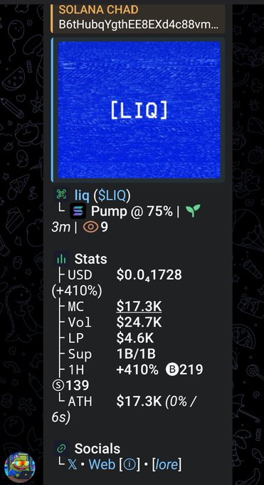 A cryptocurrency tracking app displays information for a token called 'SOLANA CHAD' with the ticker '$LIQ', showing stats including a market cap of $17.3K and volume of $24.7K.