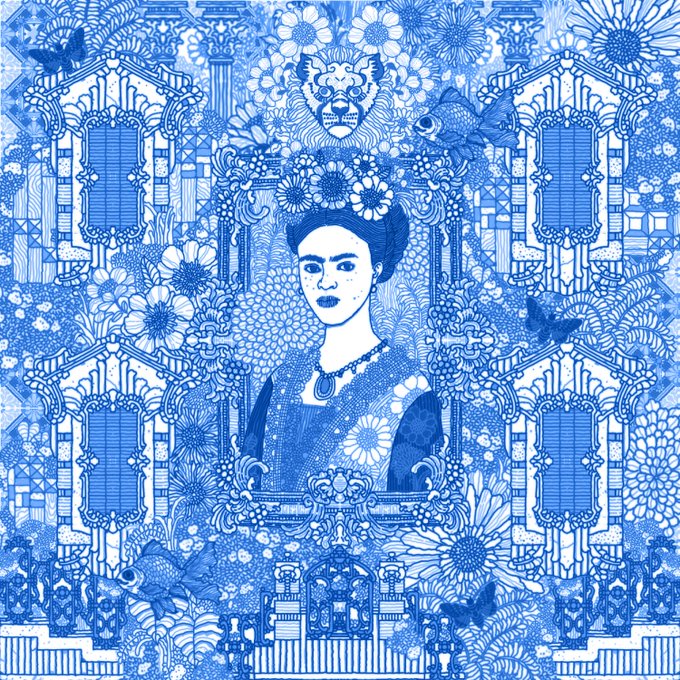 An intricate blue-and-white illustration depicts a woman in the style of Frida Kahlo, surrounded by ornate floral patterns, architectural arches, and butterflies.