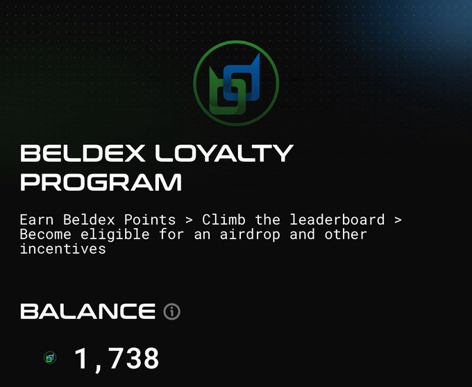 A promotional graphic for the "BELDEX LOYALTY PROGRAM" explaining that users can earn Beldex Points to climb the leaderboard for an airdrop, displaying a balance of 1,738.