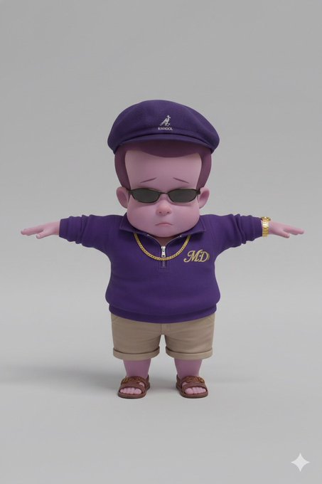 A 3D cartoon character dressed in a purple Kappa hoodie with "MD" initials, gold chain, sunglasses, and matching cap stands with arms outstretched in a confident pose, channeling the over-the-top "mob boss" aesthetic that pairs with the post's "you wouldn't get it" humor.