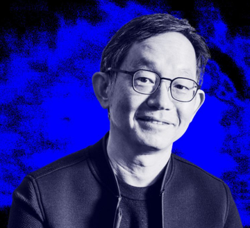 A stylized blue-tinted portrait of a smiling man wearing glasses, resembling Jensen Huang, CEO of NVIDIA.