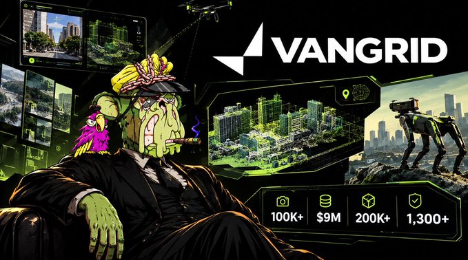 A promotional banner for 'VANGRID' features a cartoon green-skinned character in a suit, with statistics showing '100K+', '$9M', '200K+', and '1,300+' alongside illustrations of drones and a robotic dog.