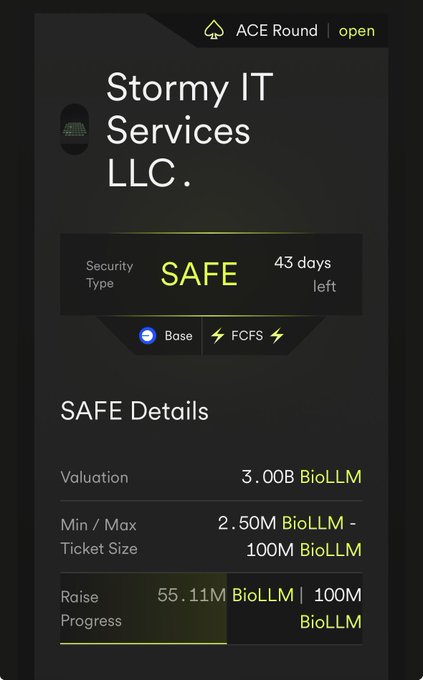"Stormy IT Services LLC" is displayed on a phone screen, along with an item about SAGE details being sold. There are other descriptions regarding this detail but they don't seem relevant or relevant information at this moment. The title of the post reads "ACE round is 55% full in under 24 hours. Strong conviction from community & support is what got us here. This project is completely organic and we spent months building." Here, two different sentences are present: one is about SAGE details being sold on a phone screen; another sentence is about the progress of an ACE round. These descriptions might be related to an app or feature that is being used by the phone user for purchasing or selling something. The remaining text in the post could provide more information or context, but they do not seem directly related to the SAGE detail described on the screen.