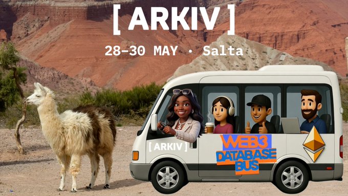 The image features a white bus with an advertisement for a web3 database company displayed on its side. The bus has a cartoon llama standing next to it, which adds a fun and quirky element to the scene. The text "Arkiv" is written in black at the top of the image, while "Web3 databases Good luck to the attendees in Salta" is written below the bus. This advertisement seems to be promoting an event or gathering related to web3 technology, possibly targeting a specific audience interested in this field.