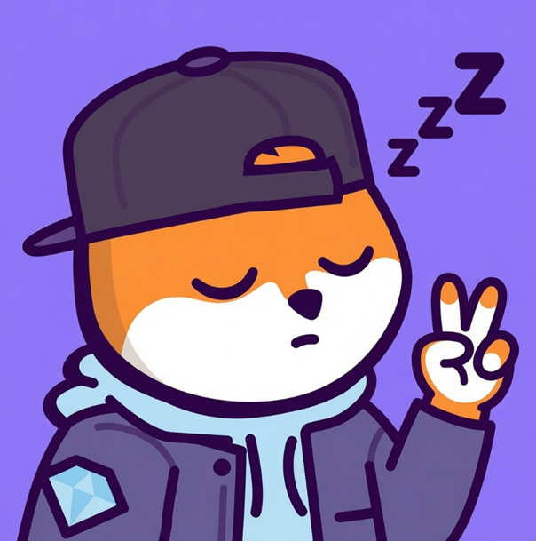 A cartoon illustration depicts an orange fox character wearing a black backwards cap and purple jacket, sleeping with closed eyes and making a peace sign, with 'Zzz' symbols above its head against a purple background.
