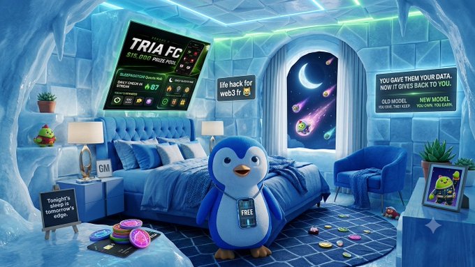 A cartoon penguin wearing a "FREE" tag stands in an ice-themed bedroom with screens displaying "TRIA FC" (advertising a $15,000 prize pool) and the tagline "YOU GAVE THEM YOUR DATA, NOW IT GIVES BACK TO YOU" promoting the new "TRIA MODEL," visually representing Tria's focus on user-friendly Web3 infrastructure and rewarding user participation as mentioned in the post about projects building improved infrastructure.