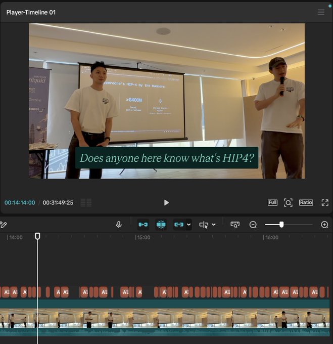 A video player interface showing two men presenting in a room, with subtitles reading 'Does anyone here know what's HIP4?' and a timeline showing various clips below.