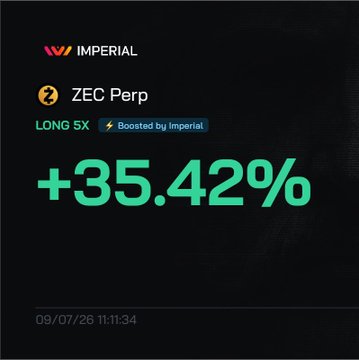 A promotional graphic from Imperial showing a ZEC Perp LONG 5X position boosted by Imperial, with a +35.42% return and a timestamp of 09/07/26 11:11:34.