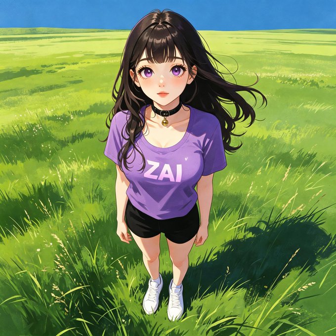 An anime-style girl with long dark hair and purple eyes stands in a lush green field, wearing a purple "ZAi" t-shirt and black shorts. The vibrant, sunny mood and rising green landscape visually echo the post's uplifting sentiment.