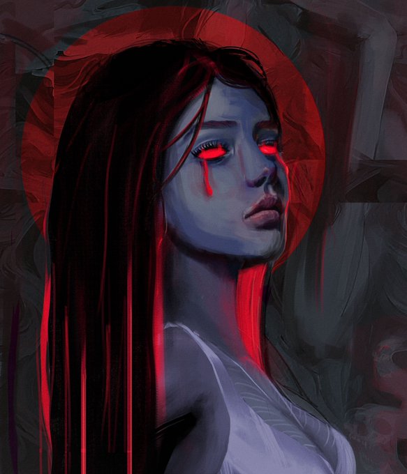 Digital art portrait of a woman with glowing red eyes bleeding red tears, set against a dark red circular background.