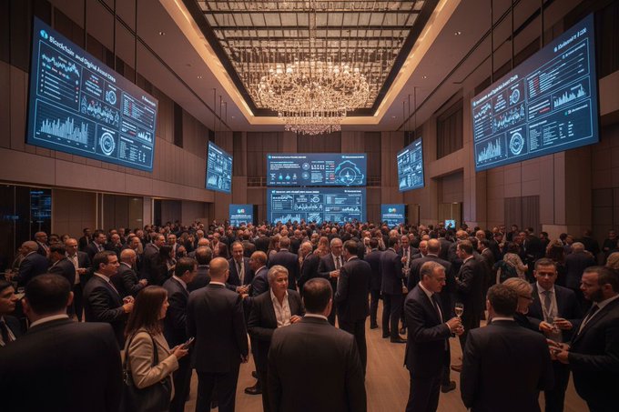 A large business conference in an elegant ballroom with a chandelier, where a crowd of people in business attire gather while large screens display blockchain analytics and data visualizations.