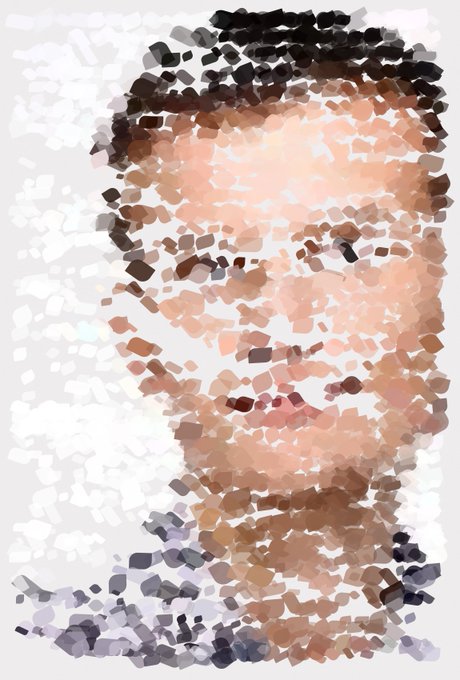 A stylized, mosaic-like portrait of a smiling man with short dark hair, rendered in pixelated dots of beige, brown, and peach tones.