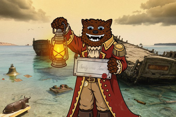 A cartoon bear in a red coat holds a lantern and a sign reading "Surely Fuz Fume" in a beach scene with shipwrecks.