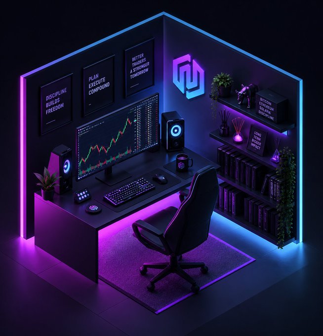 A sleek isometric rendering of a trader's battlestation bathed in neon purple and blue ambient lighting, featuring a multi-monitor setup displaying stock charts alongside motivational wall art reading "DISCIPLINE BUILDS FREEDOM," "PLAN, EXECUTE, COMPOUND," and "BETTER TRADERS A STRONGER TOMORROW."

The setup, complete with a glowing keyboard, studio speakers, and a branded "BTC" coffee mug, perfectly embodies the post's "back to work" sentiment with a stylish, crypto-focused command center aesthetic.