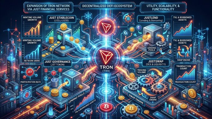 The image is a detailed infographic illustrating the expansion of the TRON (TRX) network via JUST Financial Services, showcasing a decentralized DeFi ecosystem with key components like JustStablecoin (USDJ), JustLend (Lending & Borrowing), JustSwap (DEX & Liquidity), and Just Governance (JST Token), alongside metrics for minting volume, network users, TVL borrowed assets, swap engine, and transaction counts. This visually reinforces how JUST's suite of DeFi products enhances TRON's utility, scalability, and functionality by integrating lending, stablecoin issuance, and decentralized trading into the network.
