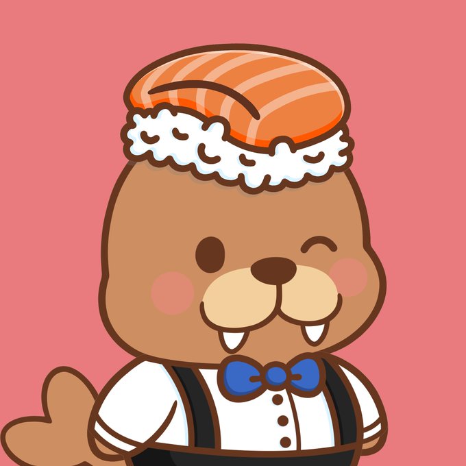 A cartoon illustration of a cute beaver character wearing a blue bow tie and suspenders, with a piece of salmon sushi on its head against a pink background.