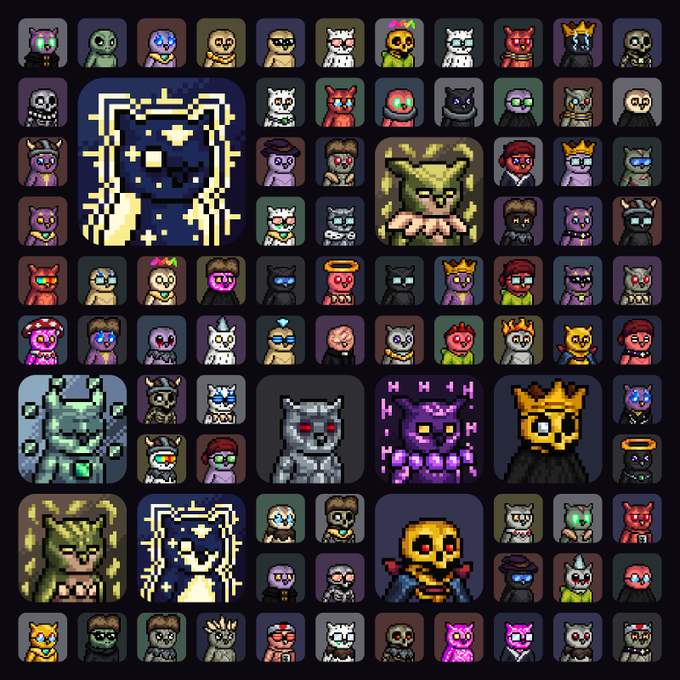 The image features a grid of pixel art NFT character portraits (CryptoPunks), with larger featured tiles highlighting a hooded skull figure and a crown-wearing character, alongside a green gargoyle-like figure and purple demon, visually representing the eclectic collection of Necrowls mentioned in the post celebrating a brother amassing 89 of these Crypt-themed assets.