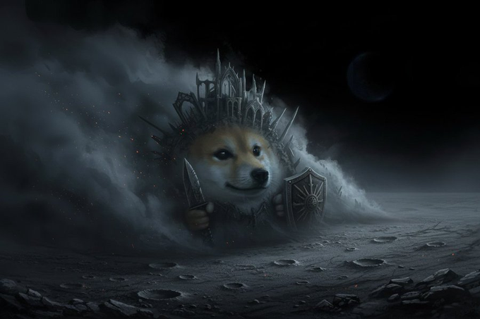 The image features a dog holding a sword, with the sword pointing towards the sky as if it's flying off the moon. The caption reads "Dogecoin will be on the moon literally", which suggests that there might be some connection between the dog holding the sword and the Dogecoin cryptocurrency.