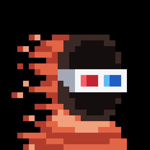Pixel art of a character in red and brown tones wearing 3D-style glasses with red and blue lenses, trailing red pixels behind it against a black background.