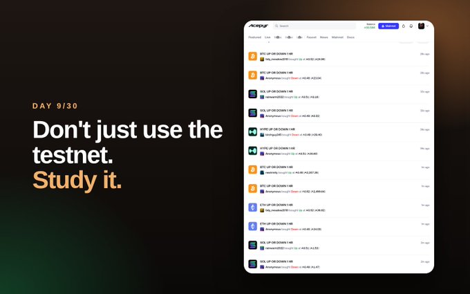 A promotional graphic for Acepyr displays 'DAY 9/30: Don't just use the testnet. Study it.' alongside a screenshot of cryptocurrency transactions for BTC and ETH.