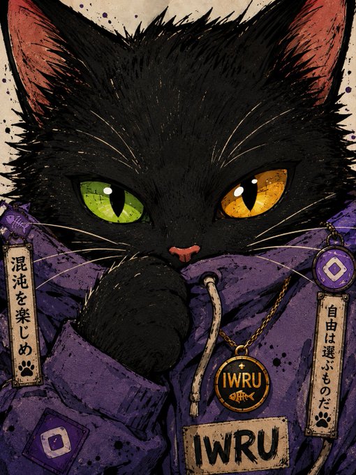 Stylized illustration of a black cat with one green and one golden eye, wearing a purple hoodie, with Japanese text on tags and a circular badge reading 'IWRU'.
