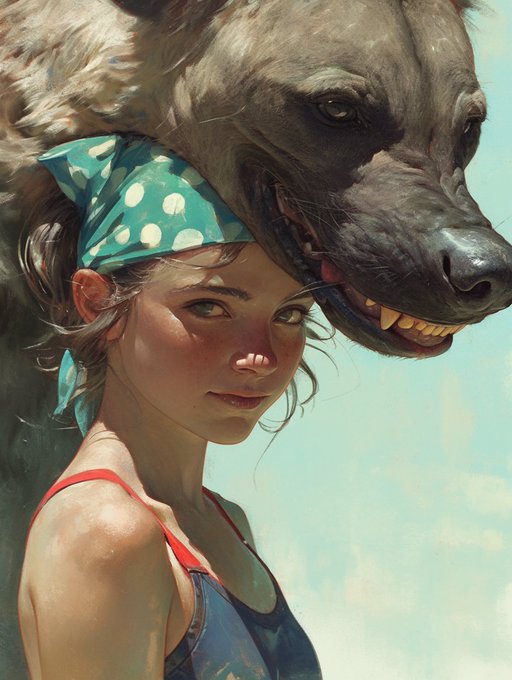 A digital painting depicting a young woman with a blue polka-dot bandana standing next to the large, smiling head of a horse or donkey against a clear blue sky.