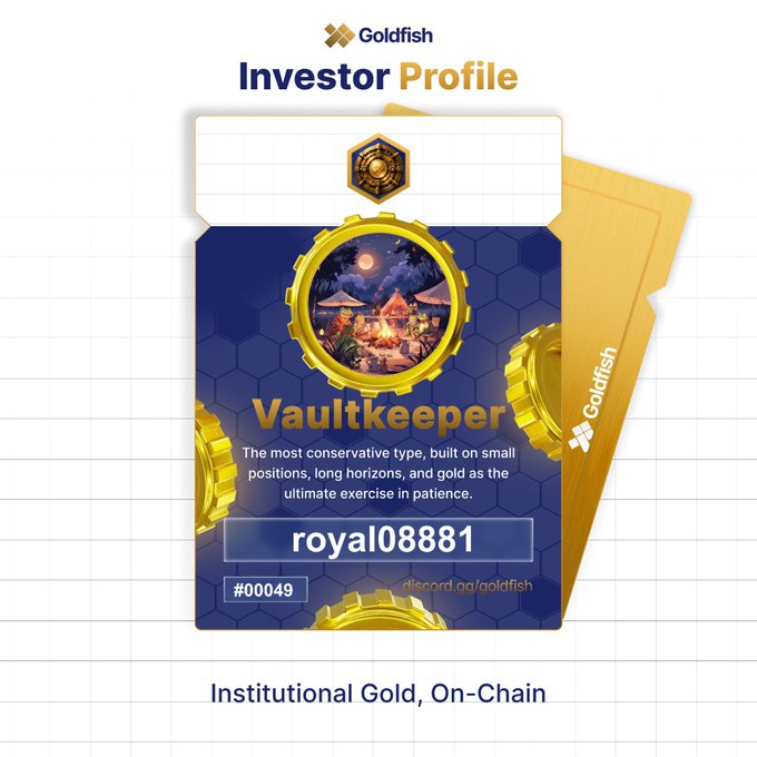 A digital "Investor Profile" card from Goldfish assigns user royal08881 the "Vaultkeeper" archetype (#00049), depicting a serene campsite scene inside a golden coin with the tagline "Institutional Gold, On-Chain," visually representing the long-term, conservative investor profile described in the post's quiz results.