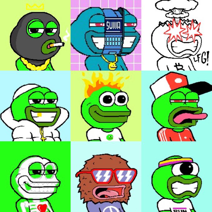 A 3x3 grid of various Pepe the Frog meme variations with different accessories, expressions, and themed outfits.