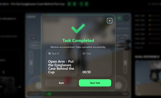 A 'Task Completed' popup screen from a mobile game showing 'Task #1' with the description 'Open Arm - Put the Eyeglasses Case Behind the Cup', a timer of 00:10, and a green 'Next Task' button.