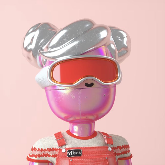 A 3D-rendered character with a shiny pink metallic head and silver hair wears large red ski goggles with a "vibes" patch on their orange overalls, set against a pink background.