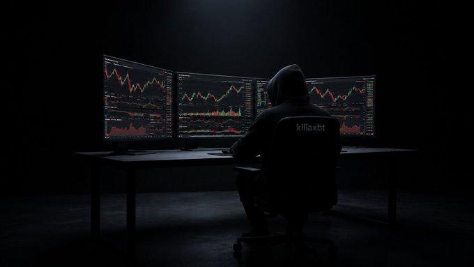 A hooded figure sits in a dark room facing three monitors displaying red and green Bitcoin trading charts, with "killaxbt" visible on their chair. The image reinforces the post's promotional message about KillaLabs, visually evoking the secretive, high-stakes nature of the exclusive BTC indicators and institutional trading strategies being offered.