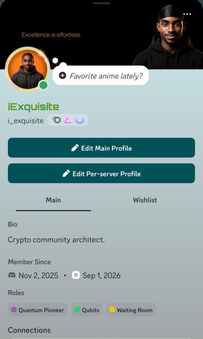 Discord profile screenshot for user 'iExquisite' (@i_exquisite) showing the message 'Favorite anime lately?', with bio 'Crypto community architect' and roles including Quantum Pioneer, Qubits, and Waiting Room.