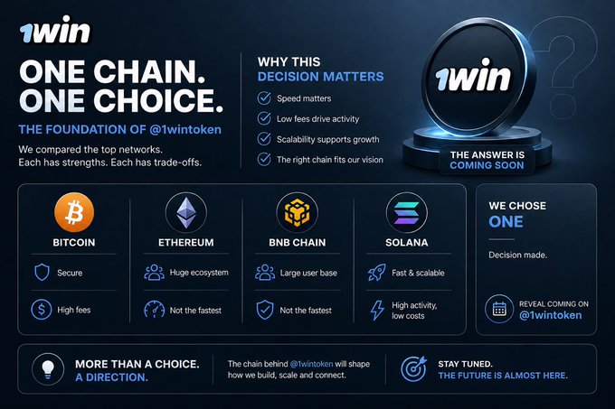1Win marketing slide titled 'ONE CHAIN. ONE CHOICE.' comparing Bitcoin, Ethereum, BNB Chain, and Solana networks, stating 'WE CHOSE ONE' with the final decision coming soon.