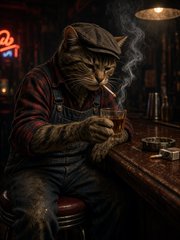 A digital illustration of an anthropomorphic tabby cat wearing a flat cap and overalls, smoking a cigarette while sitting at a bar with a whiskey glass.