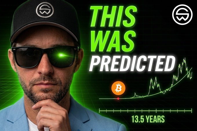 A thumbnail featuring a man in a cap and sunglasses with a glowing green eye, alongside bold text "THIS WAS PREDICTED" and a chart showing Bitcoin's exponential growth over 13.5 years from a starting point marked with the BTC symbol. The graphic visually supports the post's teaser about explaining the origins and accuracy of Bitcoin's power law prediction from over 13 years ago.