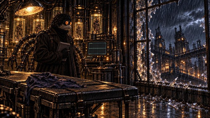 A dark, atmospheric digital illustration depicts a figure in a trench coat and glowing goggles standing in a steampunk-style laboratory, with a rainy, illuminated cityscape visible through a large window.