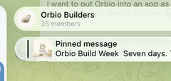 A Telegram group chat screenshot shows the "Orbio Builders" channel with 86 members, displaying a pinned message that reads "Orbio Build Week Seven days" alongside a post preview stating "I want to put Orbio into an app as..." The image illustrates the growing ecosystem of Orbio's developer community, reinforcing the post's message about asymmetrical risk and exponential growth in the platform's user base.