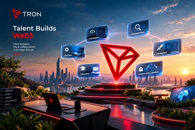 A TRON promotional graphic titled 'Talent Builds Web3' with the tagline 'More builders. More collaboration. A stronger future.' and categories like Developers, Researchers, Builders, Educators, Community Leaders, and Designers surrounding a glowing red TRON logo.