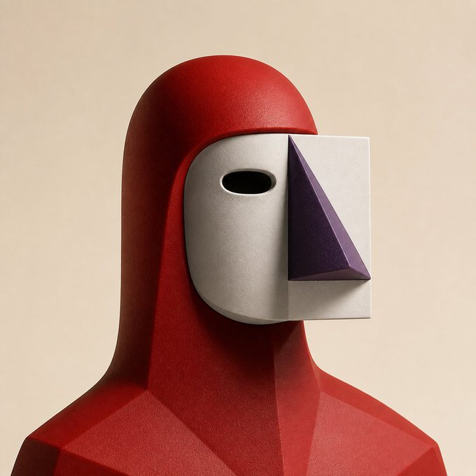 A minimalist 3D render of a figure wearing a red hooded cloak and a white mask with a protruding purple geometric nose piece, posed against a plain beige background.