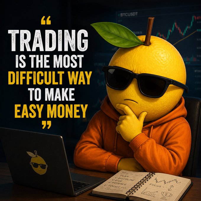 A cartoon lemon character wearing sunglasses and an orange hoodie contemplates thoughtfully in front of a laptop displaying a BTC/USDT trading chart, alongside a notebook listing trading essentials like "Plan," "Discipline," "Focus," and "Reduce." The bold text reads: **"Trading is the most difficult way to make easy money,"** reinforcing the post's message about the deceptive complexity behind what many perceive as a get-rich-quick endeavor in the crypto market.