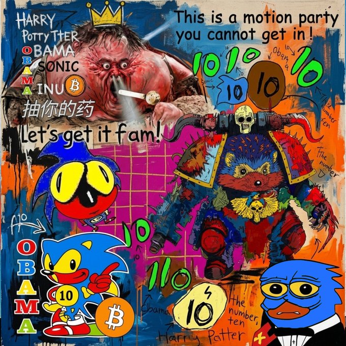 A chaotic meme artwork featuring a Harry Potter/Otaku/Sonic/Inu crossover, various cartoon characters, and repeated text 'HARRY POTTER OBAMA SONIC INU' and 'This is a motion party you cannot get in!'.