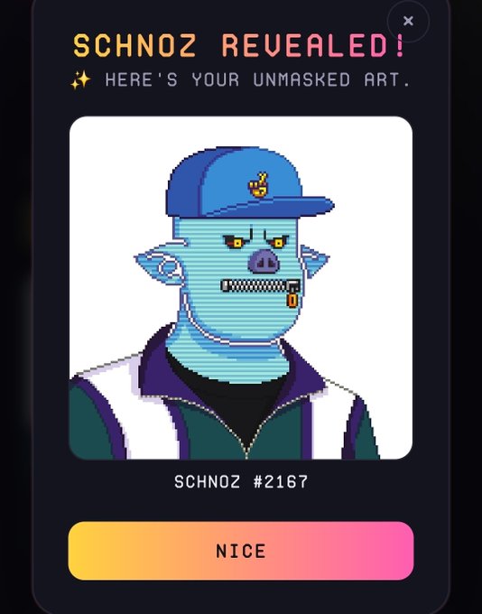 A 'Schnoz Revealed' NFT reveal screen displaying a cartoon-style blue pig character wearing a cap and jacket, labeled 'SCHNOZ #2167' with a 'NICE' confirmation button.