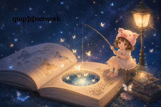 A whimsical illustration shows a girl in a pink pig hat fishing for glowing butterflies and stars from a cosmic pool within an open storybook, with "quipnetwork" watermarked in the upper left—visually reflecting the post's poetic framing of Quip Network as a quietly promising project being carefully observed rather than chased for hype.