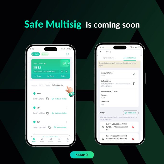 A promotional graphic announcing 'Safe Multisig is coming soon' from nabox.io, showing two phone screens displaying a crypto wallet interface with account details and owners.