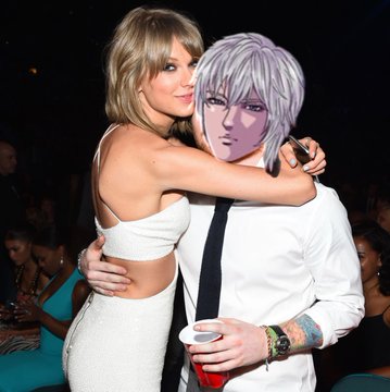 Taylor Swift hugs a person with white hair and anime-style facial features at what appears to be an event, with the person holding a red Solo cup.