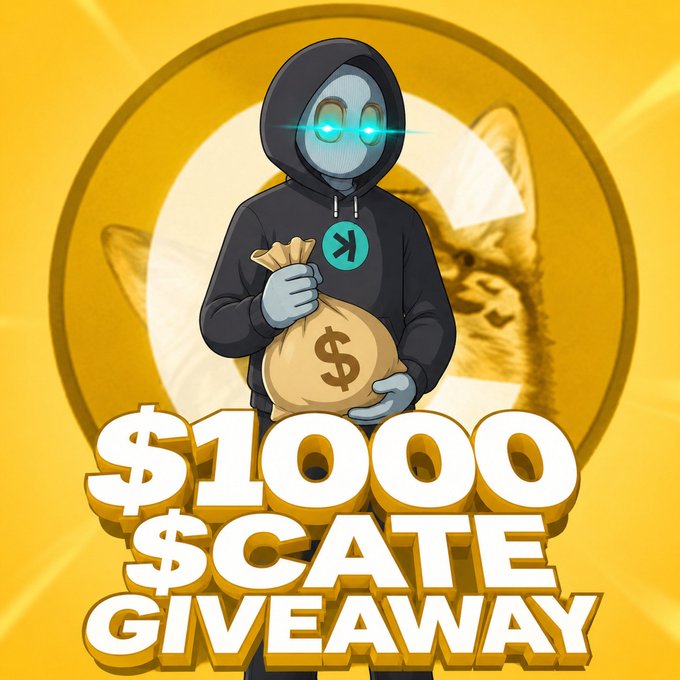 A cartoon character in a dark hoodie with glowing teal eyes holds a money bag marked with a dollar sign in front of a yellow cat background, with bold text reading "$1000 $CATE GIVEAWAY" below. The image serves as a promotional graphic for a cryptocurrency ($CATE) giveaway event, visually reinforcing the post's announcement of $1,500 in prizes and 15 $100 winners being distributed over three days.