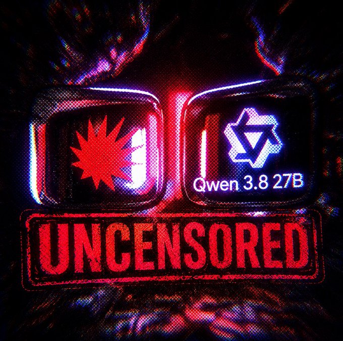 A dark, glitchy graphic shows two illuminated app icons side-by-side with the word 'UNCENSORED' stamped in red below, with the right icon labeled 'Qwen 3.8 27B'.